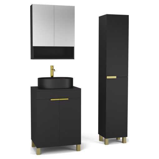 HD Paris Matt Black 60 komplett fürdőszoba bútor szett álló mosdószekrénnyel, szálcsiszolt arany elemekkel, fekete mosdópulttal, tükrös szekrénnyel és magasszekrénnyel