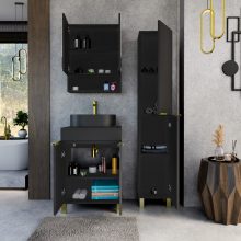 HD Paris Matt Black 60 komplett fürdőszoba bútor szett álló mosdószekrénnyel, szálcsiszolt arany elemekkel, fekete mosdópulttal, tükrös szekrénnyel és magasszekrénnyel