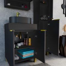 HD Paris Matt Black 60 komplett fürdőszoba bútor szett álló mosdószekrénnyel, szálcsiszolt arany elemekkel, fekete mosdópulttal, tükrös szekrénnyel és magasszekrénnyel