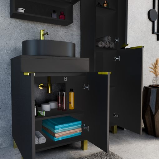 HD Paris Matt Black 60 komplett fürdőszoba bútor szett álló mosdószekrénnyel, szálcsiszolt arany elemekkel, fekete mosdópulttal, tükrös szekrénnyel és magasszekrénnyel