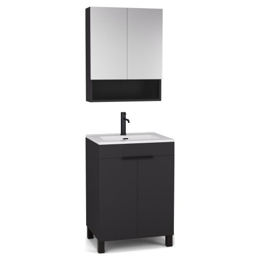 HD Paris Matt Black 60 komplett fürdőszoba bútor álló mosdószekrénnyel, matt fekete elemekkel, fényes fehér slim mosdóval és tükrös szekrénnyel