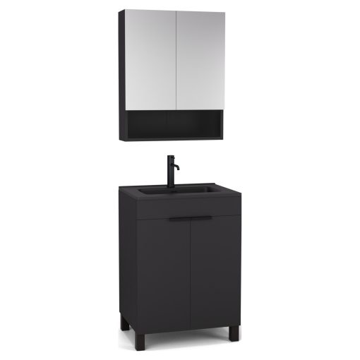 HD Paris Matt Black 60 komplett fürdőszoba bútor álló mosdószekrénnyel, matt fekete elemekkel, matt fekete slim mosdóval és tükrös szekrénnyel