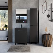 HD Paris Matt Black 60 komplett fürdőszoba bútor álló mosdószekrénnyel, matt fekete elemekkel, matt fekete slim mosdóval és tükrös szekrénnyel