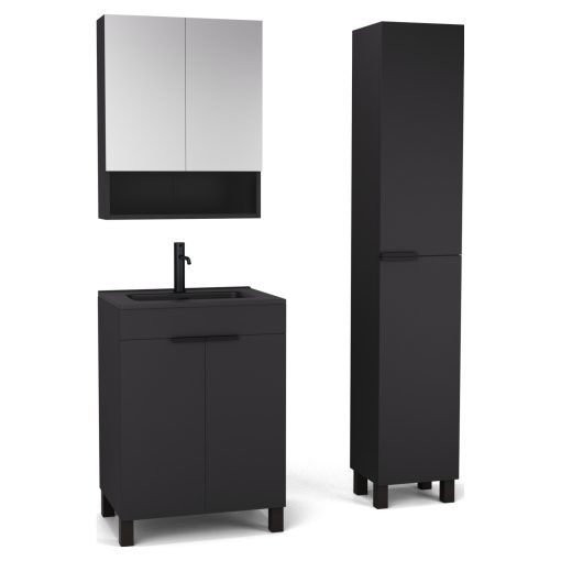 HD Paris Matt Black 60 komplett fürdőszoba bútor szett álló mosdószekrénnyel, matt fekete elemekkel, matt fekete slim mosdóval, tükrös szekrénnyel és magasszekrénnyel