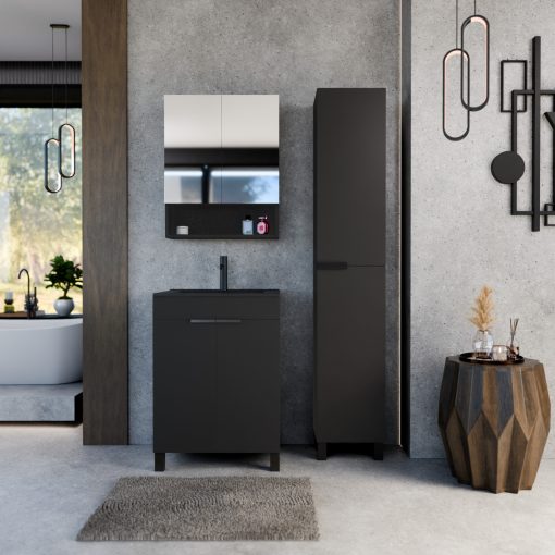 HD Paris Matt Black 60 komplett fürdőszoba bútor szett álló mosdószekrénnyel, matt fekete elemekkel, matt fekete slim mosdóval, tükrös szekrénnyel és magasszekrénnyel