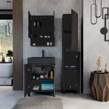 HD Paris Matt Black 60 komplett fürdőszoba bútor szett álló mosdószekrénnyel, matt fekete elemekkel, matt fekete slim mosdóval, tükrös szekrénnyel és magasszekrénnyel