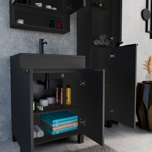 HD Paris Matt Black 60 komplett fürdőszoba bútor szett álló mosdószekrénnyel, matt fekete elemekkel, matt fekete slim mosdóval, tükrös szekrénnyel és magasszekrénnyel