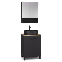 HD Paris Matt Black 60 komplett fürdőszoba bútor álló mosdószekrénnyel, matt fekete elemekkel, tölgyfa színű mosdópulttal és tükrös szekrénnyel