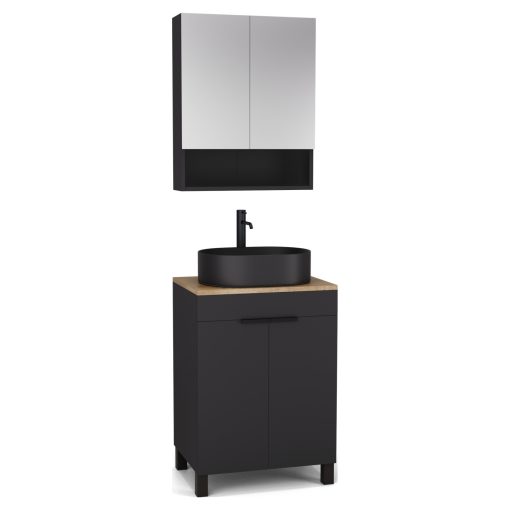 HD Paris Matt Black 60 komplett fürdőszoba bútor álló mosdószekrénnyel, matt fekete elemekkel, tölgyfa színű mosdópulttal és tükrös szekrénnyel