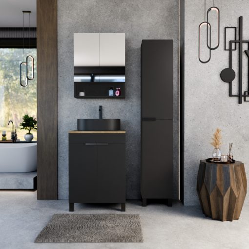 HD Paris Matt Black 60 komplett fürdőszoba bútor álló mosdószekrénnyel, matt fekete elemekkel, tölgyfa színű mosdópulttal és tükrös szekrénnyel