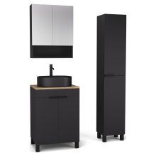 HD Paris Matt Black 60 komplett fürdőszoba bútor szett álló mosdószekrénnyel, matt fekete elemekkel, tölgyfa színű mosdópulttal, tükrös szekrénnyel és magasszekrénnyel