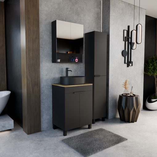 HD Paris Matt Black 60 komplett fürdőszoba bútor szett álló mosdószekrénnyel, matt fekete elemekkel, tölgyfa színű mosdópulttal, tükrös szekrénnyel és magasszekrénnyel