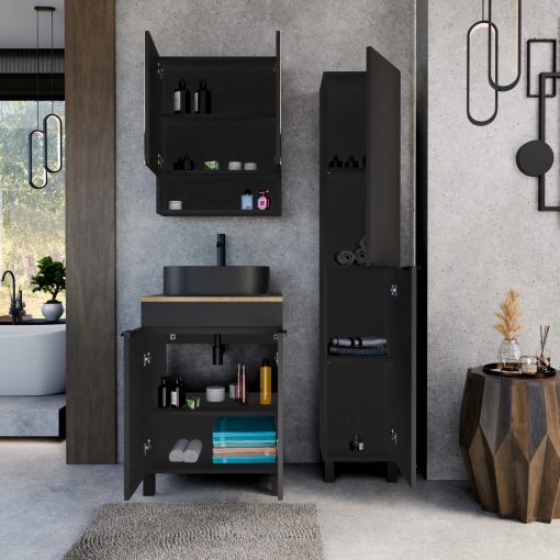 HD Paris Matt Black 60 komplett fürdőszoba bútor szett álló mosdószekrénnyel, matt fekete elemekkel, tölgyfa színű mosdópulttal, tükrös szekrénnyel és magasszekrénnyel