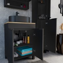 HD Paris Matt Black 60 komplett fürdőszoba bútor szett álló mosdószekrénnyel, matt fekete elemekkel, tölgyfa színű mosdópulttal, tükrös szekrénnyel és magasszekrénnyel