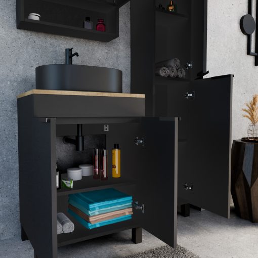 HD Paris Matt Black 60 komplett fürdőszoba bútor szett álló mosdószekrénnyel, matt fekete elemekkel, tölgyfa színű mosdópulttal, tükrös szekrénnyel és magasszekrénnyel