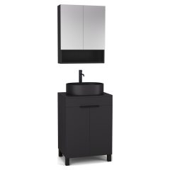   HD Paris Matt Black 60 komplett fürdőszoba bútor álló mosdószekrénnyel, matt fekete elemekkel, fekete mosdópulttal és tükrös szekrénnyel