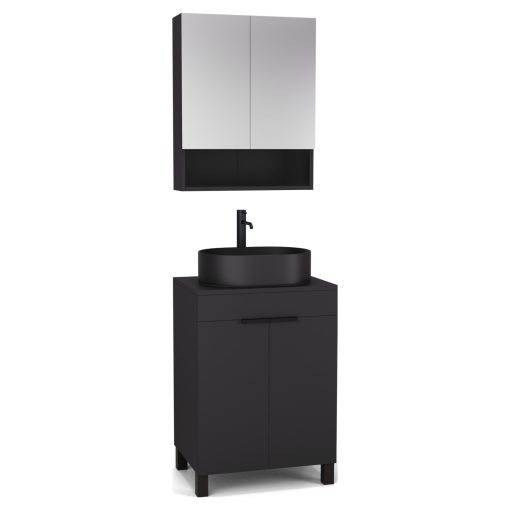 HD Paris Matt Black 60 komplett fürdőszoba bútor álló mosdószekrénnyel, matt fekete elemekkel, fekete mosdópulttal és tükrös szekrénnyel