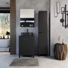 HD Paris Matt Black 60 komplett fürdőszoba bútor álló mosdószekrénnyel, matt fekete elemekkel, fekete mosdópulttal és tükrös szekrénnyel