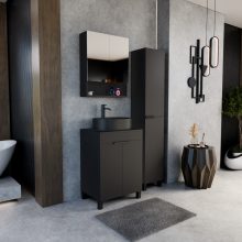 HD Paris Matt Black 60 komplett fürdőszoba bútor álló mosdószekrénnyel, matt fekete elemekkel, fekete mosdópulttal és tükrös szekrénnyel