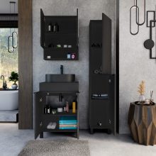 HD Paris Matt Black 60 komplett fürdőszoba bútor álló mosdószekrénnyel, matt fekete elemekkel, fekete mosdópulttal és tükrös szekrénnyel