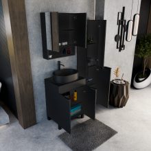 HD Paris Matt Black 60 komplett fürdőszoba bútor álló mosdószekrénnyel, matt fekete elemekkel, fekete mosdópulttal és tükrös szekrénnyel