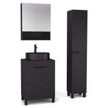 HD Paris Matt Black 60 komplett fürdőszoba bútor szett álló mosdószekrénnyel, matt fekete elemekkel, fekete mosdópulttal, tükrös szekrénnyel és magasszekrénnyel