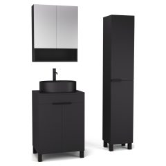   HD Paris Matt Black 60 komplett fürdőszoba bútor szett álló mosdószekrénnyel, matt fekete elemekkel, fekete mosdópulttal, tükrös szekrénnyel és magasszekrénnyel