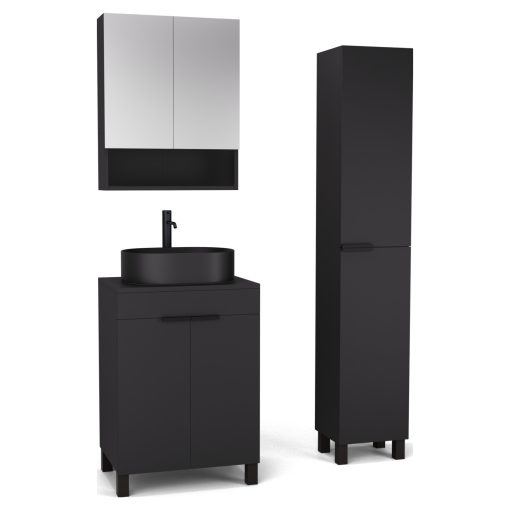 HD Paris Matt Black 60 komplett fürdőszoba bútor szett álló mosdószekrénnyel, matt fekete elemekkel, fekete mosdópulttal, tükrös szekrénnyel és magasszekrénnyel