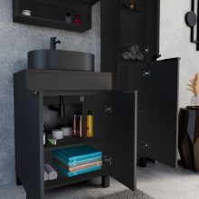 HD Paris Matt Black 60 komplett fürdőszoba bútor szett álló mosdószekrénnyel, matt fekete elemekkel, fekete mosdópulttal, tükrös szekrénnyel és magasszekrénnyel