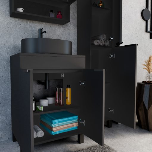 HD Paris Matt Black 60 komplett fürdőszoba bútor szett álló mosdószekrénnyel, matt fekete elemekkel, fekete mosdópulttal, tükrös szekrénnyel és magasszekrénnyel