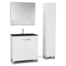 HD Paris Matt White 80 komplett fürdőszoba bútor szett álló mosdószekrénnyel, fényes króm elemekkel, matt fekete slim mosdóval, tükrös szekrénnyel és magasszekrénnyel