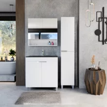HD Paris Matt White 80 komplett fürdőszoba bútor szett álló mosdószekrénnyel, fényes króm elemekkel, matt fekete slim mosdóval, tükrös szekrénnyel és magasszekrénnyel