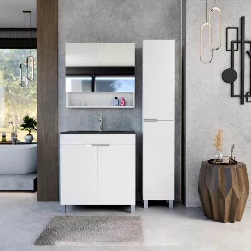 HD Paris Matt White 80 komplett fürdőszoba bútor szett álló mosdószekrénnyel, fényes króm elemekkel, matt fekete slim mosdóval, tükrös szekrénnyel és magasszekrénnyel