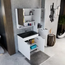 HD Paris Matt White 80 komplett fürdőszoba bútor szett álló mosdószekrénnyel, fényes króm elemekkel, matt fekete slim mosdóval, tükrös szekrénnyel és magasszekrénnyel