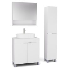 HD Paris Matt White 80 komplett fürdőszoba bútor szett álló mosdószekrénnyel, fényes króm elemekkel, matt fehér mosdópulttal, tükrös szekrénnyel és magasszekrénnyel