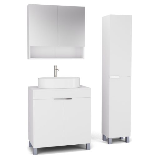 HD Paris Matt White 80 komplett fürdőszoba bútor szett álló mosdószekrénnyel, fényes króm elemekkel, matt fehér mosdópulttal, tükrös szekrénnyel és magasszekrénnyel