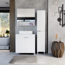 HD Paris Matt White 80 komplett fürdőszoba bútor szett álló mosdószekrénnyel, fényes króm elemekkel, matt fehér mosdópulttal, tükrös szekrénnyel és magasszekrénnyel