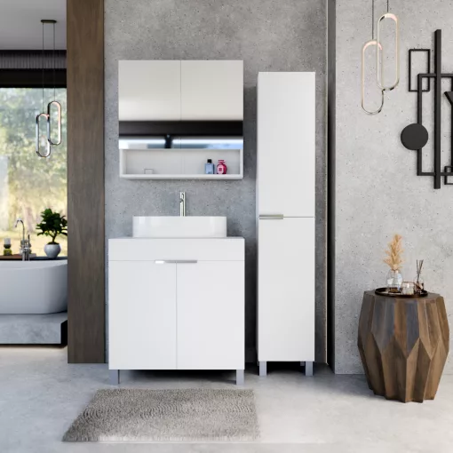 HD Paris Matt White 80 komplett fürdőszoba bútor szett álló mosdószekrénnyel, fényes króm elemekkel, matt fehér mosdópulttal, tükrös szekrénnyel és magasszekrénnyel