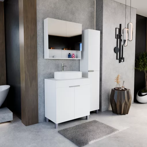 HD Paris Matt White 80 komplett fürdőszoba bútor szett álló mosdószekrénnyel, fényes króm elemekkel, matt fehér mosdópulttal, tükrös szekrénnyel és magasszekrénnyel