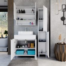 HD Paris Matt White 80 komplett fürdőszoba bútor szett álló mosdószekrénnyel, fényes króm elemekkel, matt fehér mosdópulttal, tükrös szekrénnyel és magasszekrénnyel