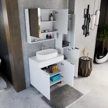 HD Paris Matt White 80 komplett fürdőszoba bútor szett álló mosdószekrénnyel, fényes króm elemekkel, matt fehér mosdópulttal, tükrös szekrénnyel és magasszekrénnyel