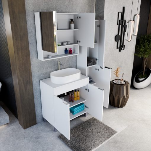 HD Paris Matt White 80 komplett fürdőszoba bútor szett álló mosdószekrénnyel, fényes króm elemekkel, matt fehér mosdópulttal, tükrös szekrénnyel és magasszekrénnyel