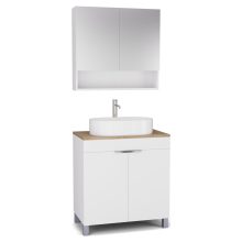 HD Paris Matt White 80 komplett fürdőszoba bútor álló mosdószekrénnyel, fényes króm elemekkel, tölgyfa színű mosdópulttal és tükrös szekrénnyel