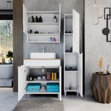 HD Paris Matt White 80 komplett fürdőszoba bútor álló mosdószekrénnyel, fényes króm elemekkel, tölgyfa színű mosdópulttal és tükrös szekrénnyel