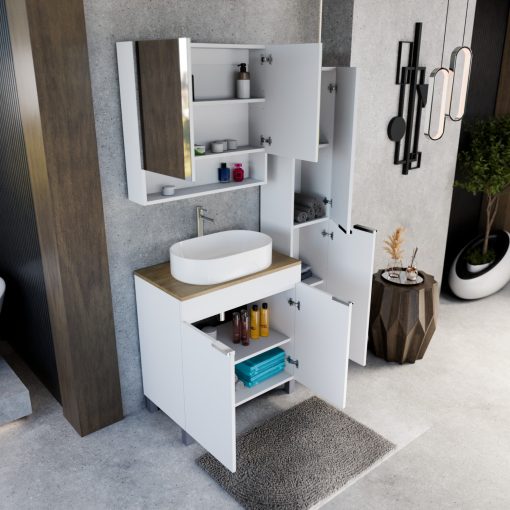 HD Paris Matt White 80 komplett fürdőszoba bútor álló mosdószekrénnyel, fényes króm elemekkel, tölgyfa színű mosdópulttal és tükrös szekrénnyel