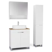 HD Paris Matt White 80 komplett fürdőszoba bútor szett álló mosdószekrénnyel, fényes króm elemekkel, tölgyfa színű mosdópulttal, tükrös szekrénnyel és magasszekrénnyel