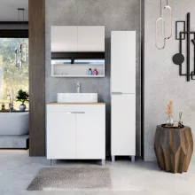 HD Paris Matt White 80 komplett fürdőszoba bútor szett álló mosdószekrénnyel, fényes króm elemekkel, tölgyfa színű mosdópulttal, tükrös szekrénnyel és magasszekrénnyel