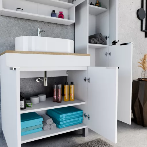 HD Paris Matt White 80 komplett fürdőszoba bútor szett álló mosdószekrénnyel, fényes króm elemekkel, tölgyfa színű mosdópulttal, tükrös szekrénnyel és magasszekrénnyel