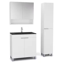 HD Paris Matt White 80 komplett fürdőszoba bútor szett álló mosdószekrénnyel, szálcsiszolt króm elemekkel, matt fekete slim mosdóval, tükrös szekrénnyel és magasszekrénnyel