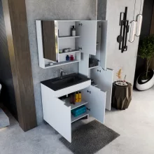 HD Paris Matt White 80 komplett fürdőszoba bútor szett álló mosdószekrénnyel, szálcsiszolt króm elemekkel, matt fekete slim mosdóval, tükrös szekrénnyel és magasszekrénnyel